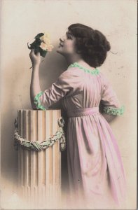 Beautiful Victorian Woman Smelling Flowers Vintage RPPC C141