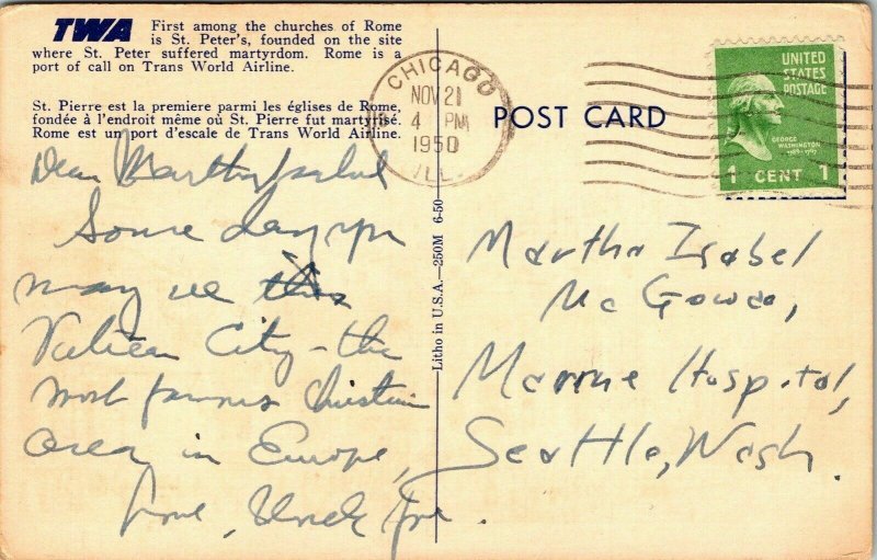 St Peters Vatican City Rome Martyrdom Linen Postcard VTG PM Chicago IL Cancel  