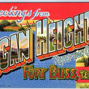 c1940s Logan Heights, Fort Bliss TX Greetings WWII Army Base Linen Postcard A114