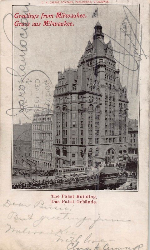 GRUSS aus MILWAUKEE WI~DAS PABST BUILDING-GEBAUDE~1903 POSTCARD GERMAN LANGUAGE 