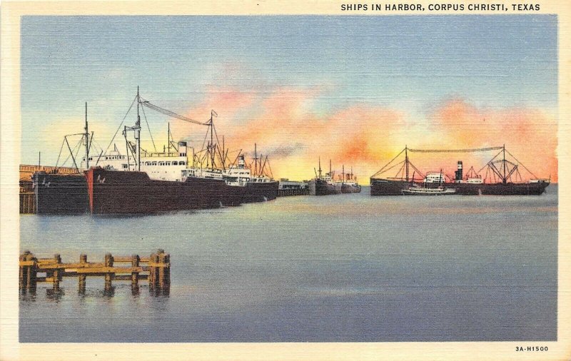 Corpus Christi Texas 1940s Postcard Ships In Harbor