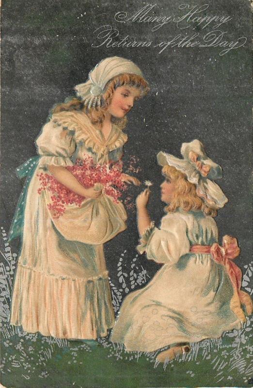 PFB~Victorian Girls~Pink Flowers In Apron~White Dresses~Hats~Silver~Emb~Ser 7046 