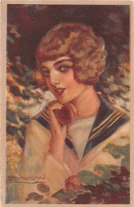 Fashion Art by Mauzan Lady in Sailor Shirt Peach Glamour vintage postcard C328