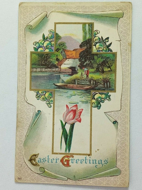 Vintage Postcard 1910's Easter Greetings Cross Flowers Holiday Boat & Homestead