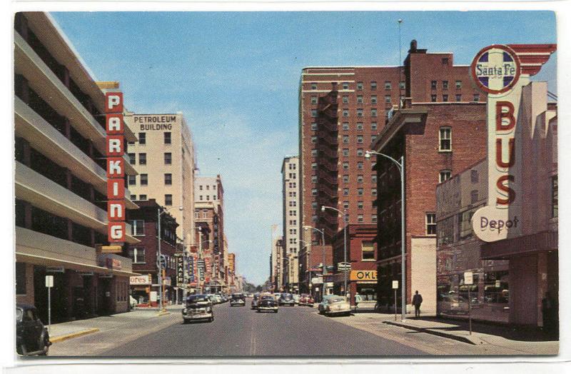 Broadway Street Scene Santa Fe Union Bus Depot Wichita Kansas 1955 postcard