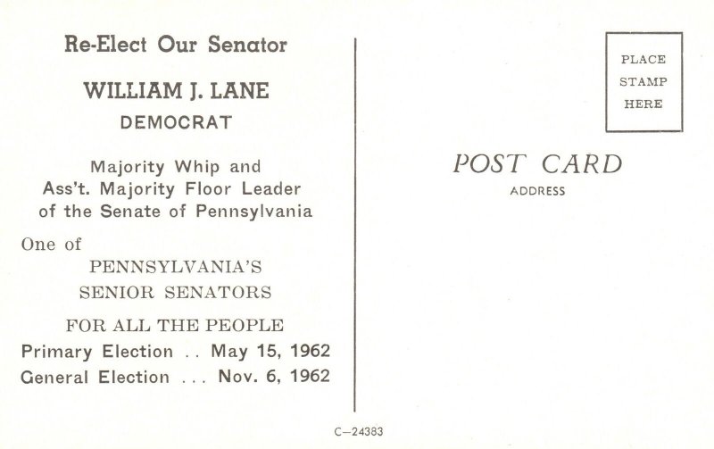Postcard William J. Lane Democrat Senior Senators Pennsylvania Election