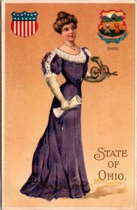 Embossed Postcard State of Ohio Woman Wearing Purple Dress Shields~139914