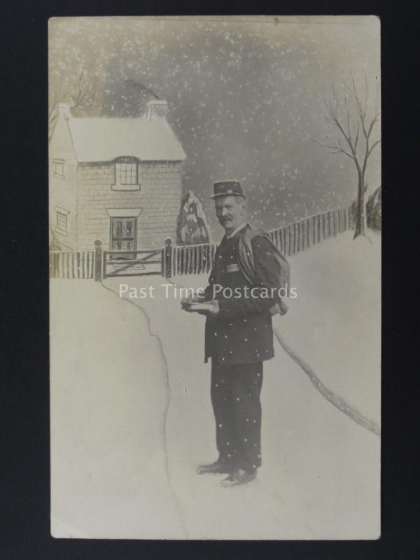 Postman Delivers Mail on Wintery Day c1905 RP Postcard by J.E Jukes of Newcastle