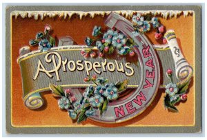 1909 New Year Horseshoe Pansies Flowers Embossed Pella Iowa IA Nash Postcard 