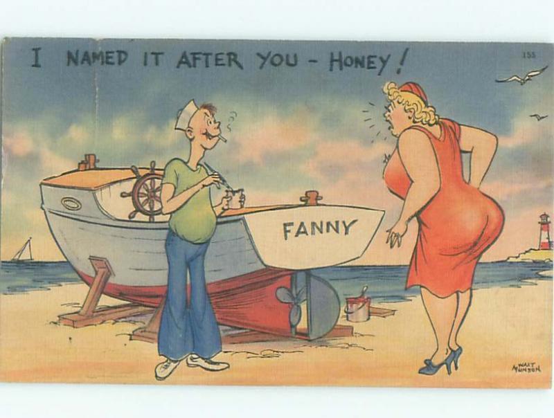 Linen Risque CHUBBY FAT WOMAN SEES HUSBAND NAMED HIS BOAT FANNY AB6398