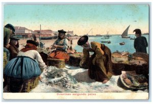 c1910 Women Salting Fish Portugal Beach Seaside Occupational Postcard