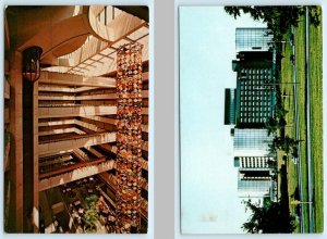 2 Postcards CHICAGO, IL ~ Hotel Lobby HYATT REGENCY O'HARE Exterior c1970s