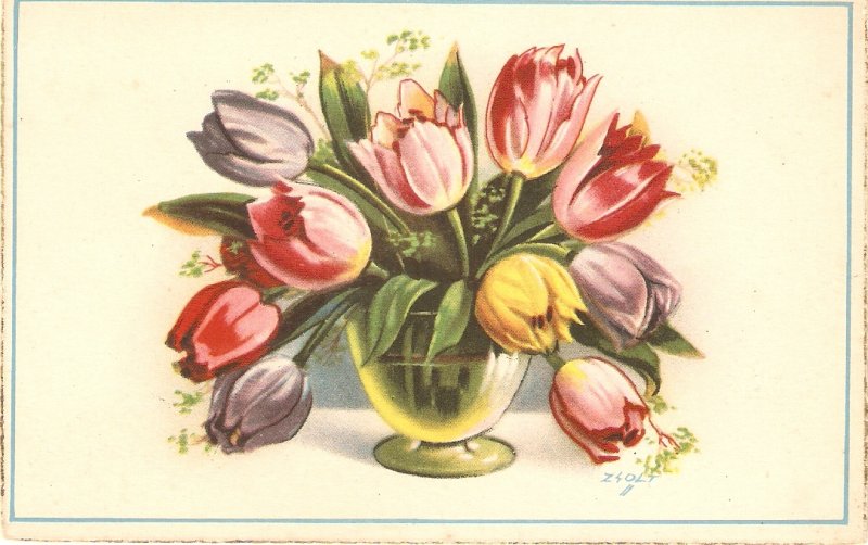 Flowers. Beautiful tulips in vase  Nice vintage Spanish postcard. Signed