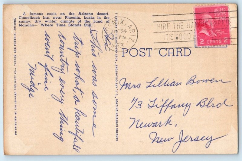 c1953 Phoenix Arizona AZ Vintage Postcard Midwinter Scene Camelback Inn Posted