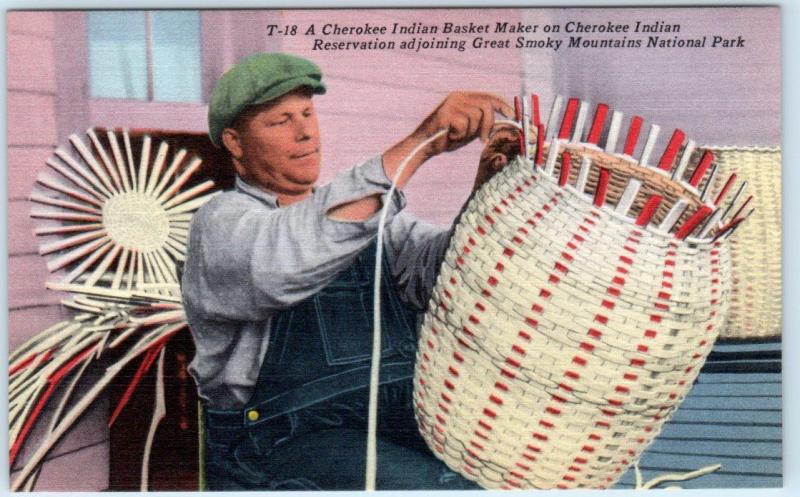 Cherokee Indian Reservation, NC   BASKET MAKER  c1940s Linen  Postcard