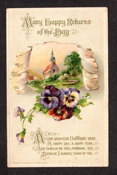 Vintage John Winsch 1913 Happy Returns of  Day Birthday Flowers Church Postcard