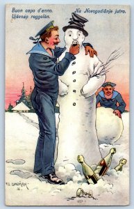 1917 New Year Soldier With Snowman Winter Scene Poland Antique Postcard