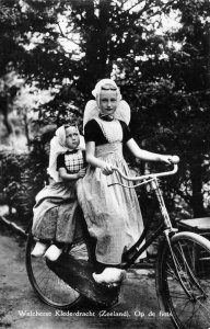 RPPC Walcherse Klederdracht Zeeland Bicycle Dutch Girls c1940s Vintage Postcard