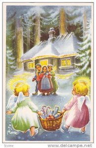 gott nytt ar, Angels carrying basket of gifts to three children waiting outsi...