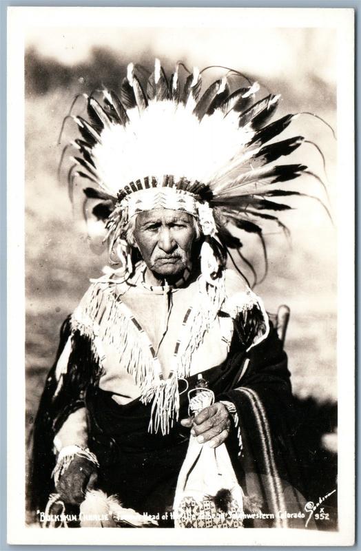 UTE INDIAN CHIEF BUCKSKIN CHARLIE SAPIAH VINTAGE REAL PHOTO POSTCARD RPPC 