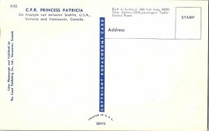 C.P.R. Princess Patricia Seattle to Canada Vintage Postcard Standard View Card