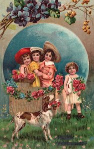 Vintage Postcard Childhood Memories Children Happy With Friends In Flower Garden