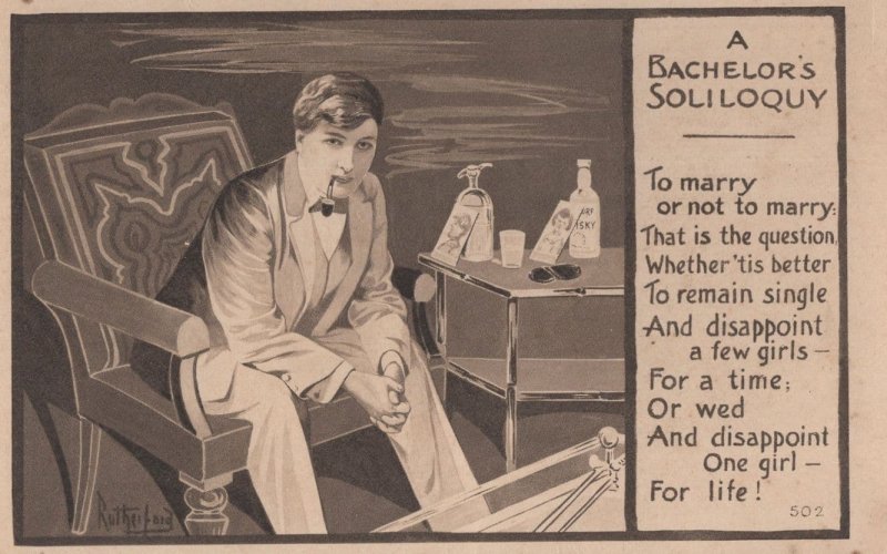 A Bachelor's Soliloquy Antique Pipe Smoking Dating Old Postcard