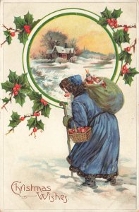 Santa Claus Blue Suited Plodding Thru The Snow Embossed Postcard #6