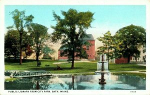 Public Library From City Park in Bath Maine Postcard Posted 1928