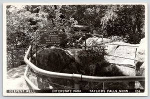 Taylors Falls Minnesota~Interstate Park~Deepest Well Railings & Sign~1940s RPPC