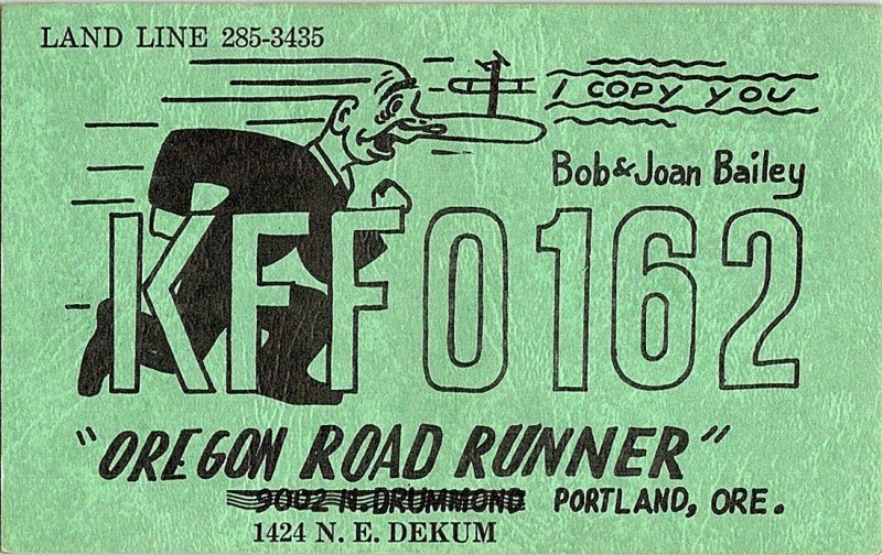 QSL Radio Card From Portland Ore. Oregon KFF 0162