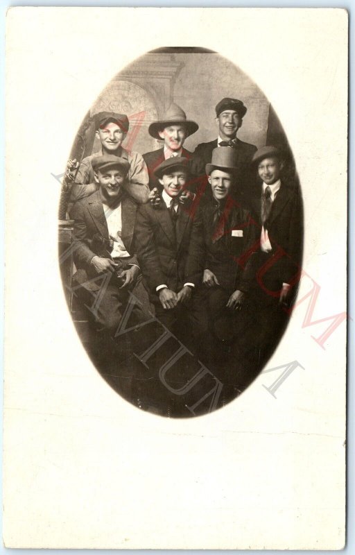 c1910s Friends Gang RPPC Laugh Handsome Men Real Photo Cool Hats Party Fun A161