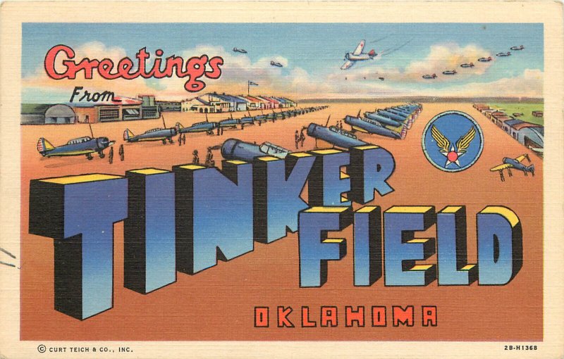 Linen WWII Postcard Large Letter Tinker Field Oklahoma City Air Force Base