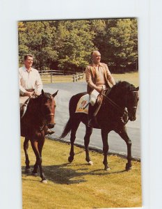 Postcard Pres. Reagan & Mexico Pres. Mortillo Riding Horses Camp David Maryland