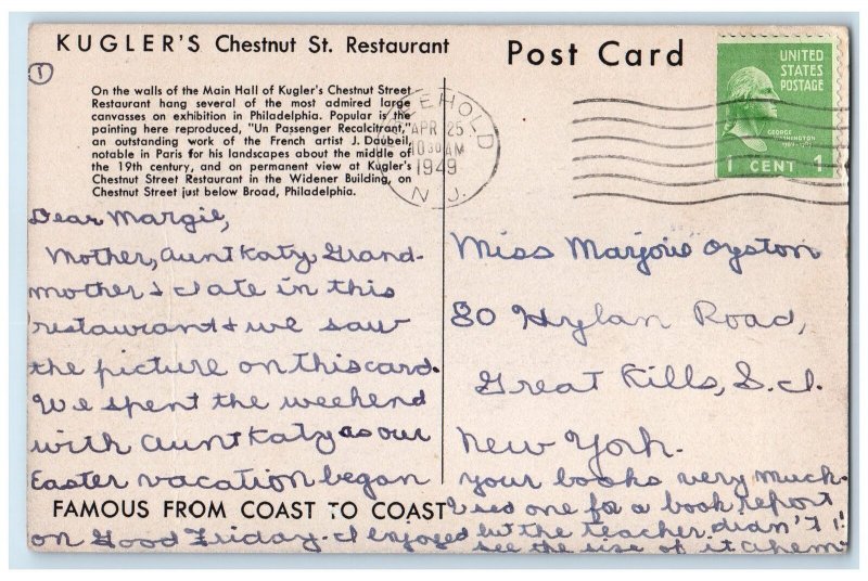 1949 Kugler's Chestnut St. Restaurant Canvass Exhibition Hang Broad PA Postcard