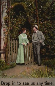 Vintage Postcard 1909 Drop In To See Us Any Time Lovers Talking Outdoor Artwork