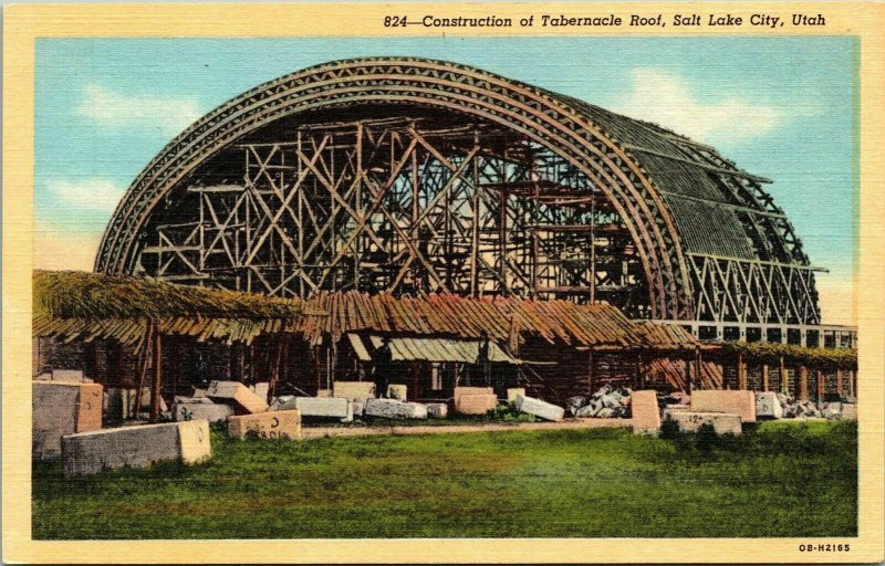 Construction Tabernacle Roof Salt Lake City Utah UT Linen Postcard Curteich VTG  