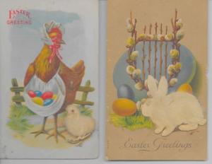 2 Easter Greetings chicks bunnies eggs attached fur antique pc Z20828