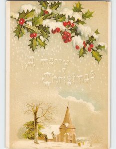 Postcard A merry Christmas with Snow Hollies Art Print