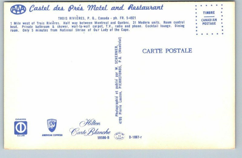 Castel des Pres Motel, Trois Rivieres, Quebec, Vintage Chrome Postcard