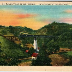 c1940s Asheville, NC Post Card Co Railway Train High Trestle Linen Colorful A203