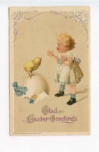John Winsch Easter Young Girl Chick Embossed 1913 Postcard
