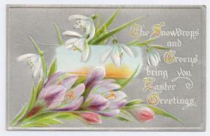 Vintage Easter Postcard Snowdrops Crocus Flowers Embossed Silver Raphael Tuck