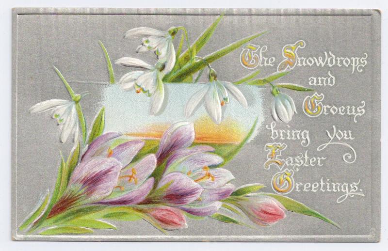 Vintage Easter Postcard Snowdrops Crocus Flowers Embossed Silver Raphael Tuck