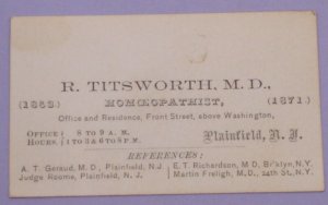 1850s - 1870s R Titsworth Homeopathist Plainfield New York Business Card