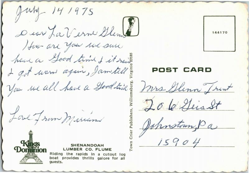 Shenandoah Lumber Co. Flume Log Ride Kings Dominion Richmond c1975 Postcard P14
