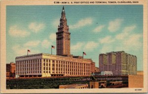 New US Post Office Terminal Tower Cleveland Ohio OH Vintage Postcard Linen UNP 