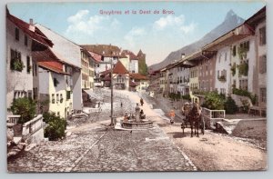 Postcard Gruyères Switzerland Street Cobblestones Horse Carriage 1910s DB View