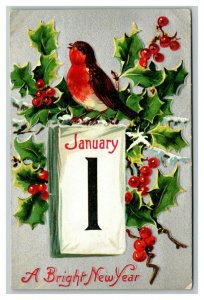 Vintage 1907 Tuck's New Years Postcard Bird Mistletoe Holly Berries Calendar