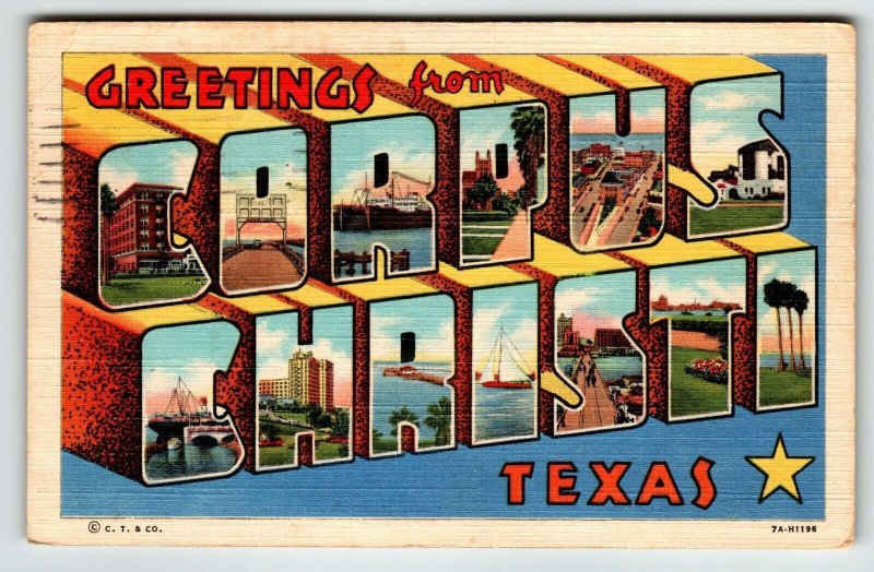 Greetings From Corpus Christi Texas Large Big Letter Linen Postcard Curt Teich